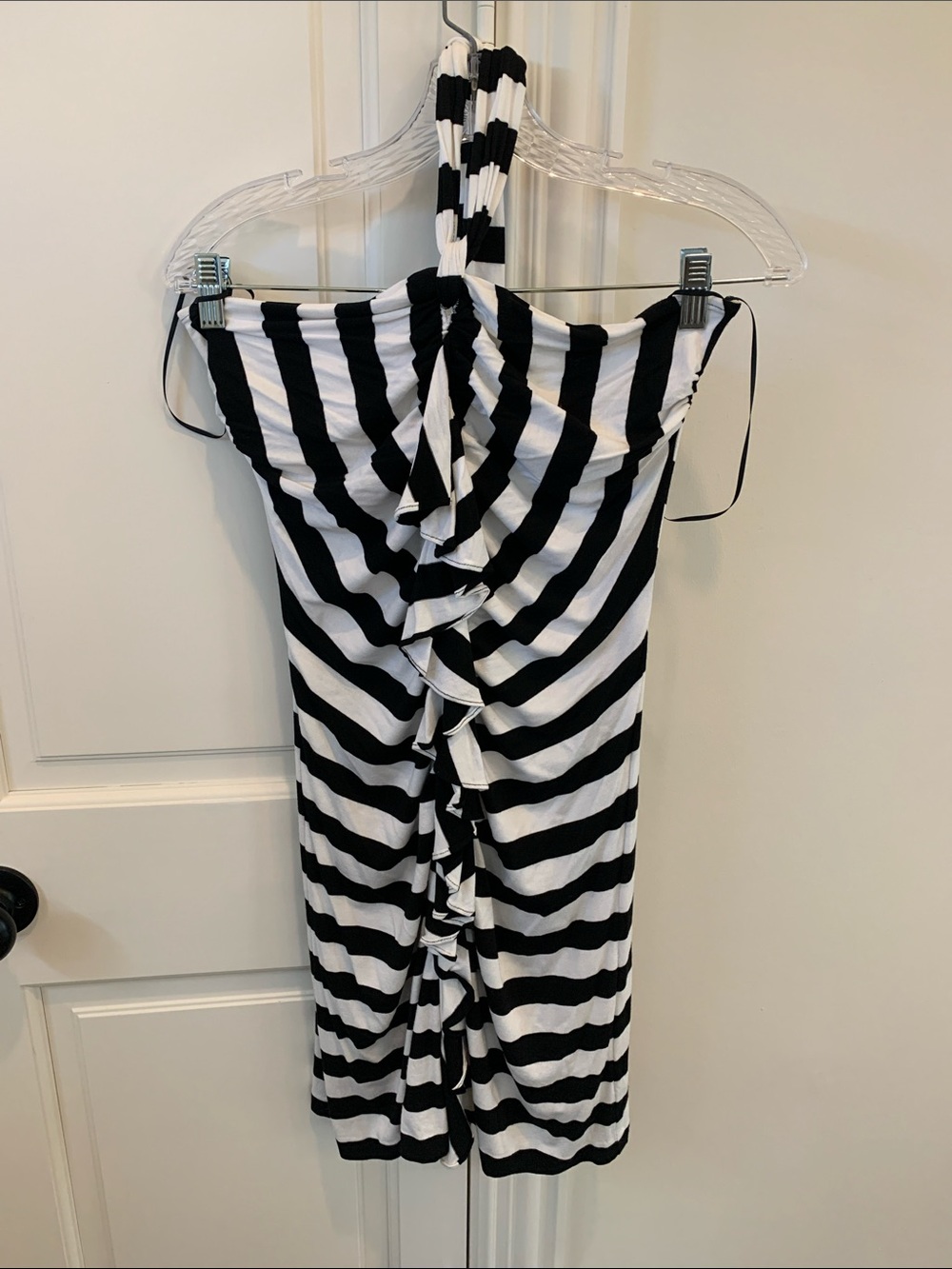 Cache Black and White Striped Midi Dress with Halter Neck